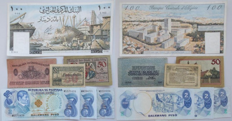 Alle Welt: Small collection 7 banknotes containing: Banque Centrale d' Algerie 1...