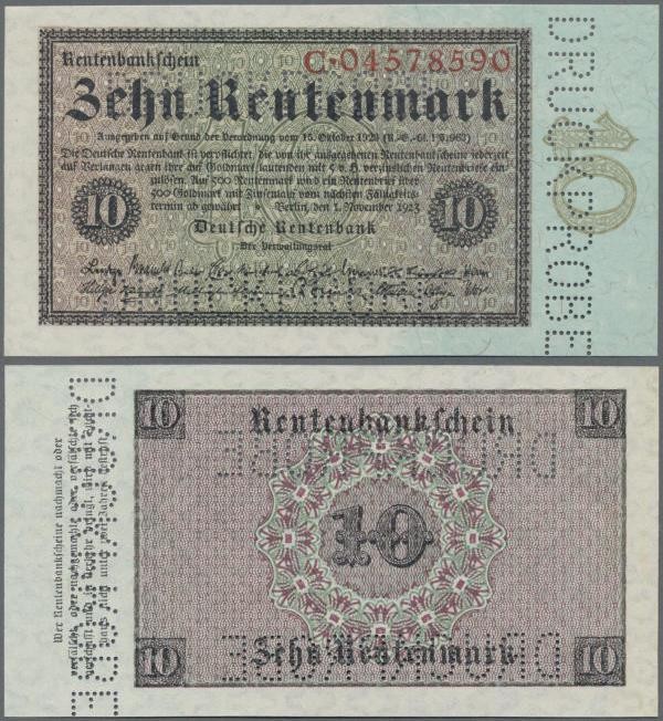 Deutschland - Deutsches Reich bis 1945: 10 Rentenmark 1923 MUSTER, Ro.157M, mit ...