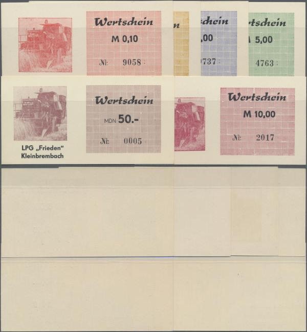 Deutschland - DDR: LPG ”Frieden” Kleinbrembach, Set mit 6 Wertscheinen zu 10 und...