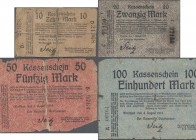 Deutschland - Kolonien: Deutsch-Südwestafrika, kleines Lot mit 4 Banknoten der Ausgaben 1914 mit 10 Mark Ro.943b (VG, rückseitig geklebt), 20 Mark Ro....