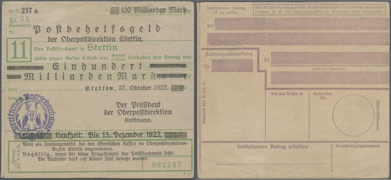 Deutschland - Reichsbahn: Stettin, Pommern, Oberpostdirektion, Scheckformular de...