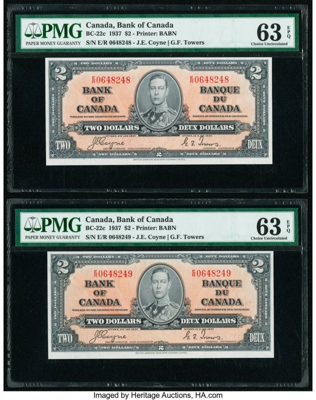 Canada Bank of Canada $2 2.1.1937 Pick 59c BC-22c Two Consecutive Examples PMG C...