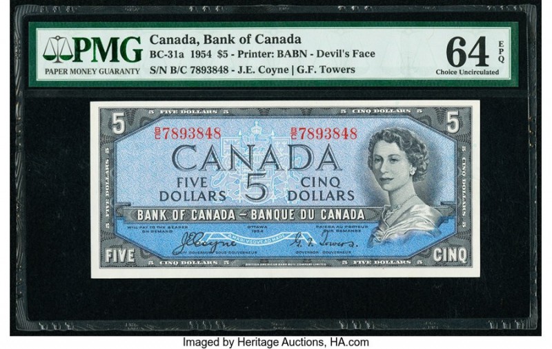 Canada Bank of Canada $5 1954 Pick 68a BC-31a "Devil's Face" PMG Choice Uncircul...