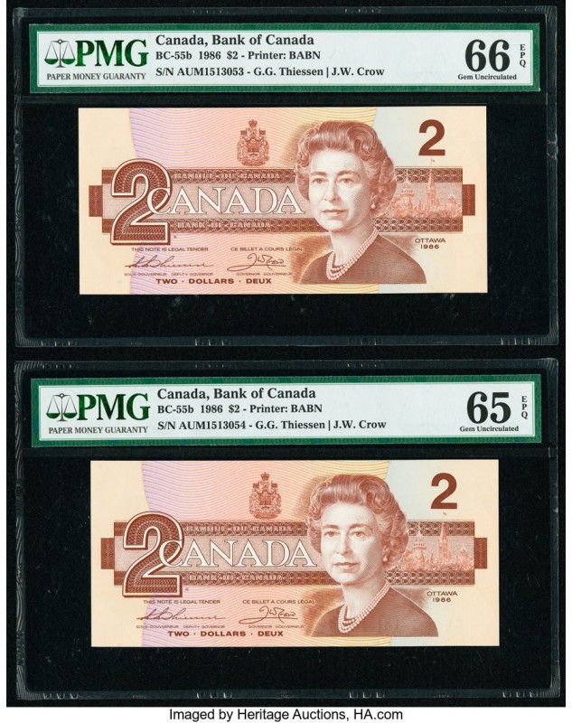 Canada Bank of Canada $2 1986 Pick 94b BC-55b Two Consecutive Examples PMG Gem U...