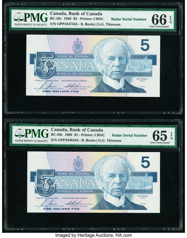 Radar Serial Number Canada Bank of Canada $5 1986 Pick 95cT BC-56c Two Examples ...