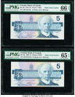 Radar Serial Number Canada Bank of Canada $5 1986 Pick 95cT BC-56c Two Examples PMG Gem Uncirculated 66 EPQ; Gem Uncirculated 65 EPQ. Two radar serial...