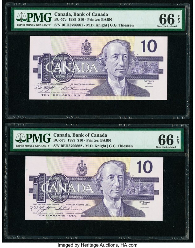 Canada Bank of Canada $10 1989 Pick 96c BC-57c Two Consecutive Examples PMG Gem ...