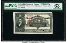 Colombia Banco de Caldas 50 Centavos ND (ca. 1910) Pick S325s Specimen PMG Choice Uncirculated 63. Punch hole cancelled with one punch hole. a Tear is...