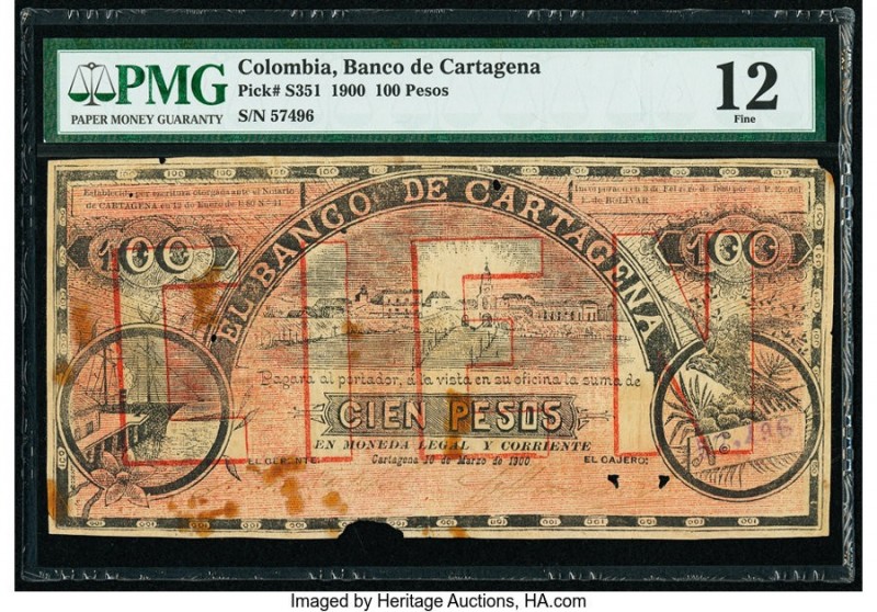 Colombia Banco De Cartagena 100 Pesos 10.3.1900 Pick S351 PMG Fine 12. Rust; pie...