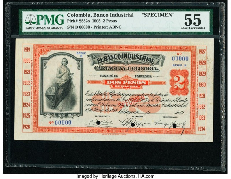 Colombia Banco Industrial 2 Pesos 1905 Pick S552s Specimen PMG About Uncirculate...