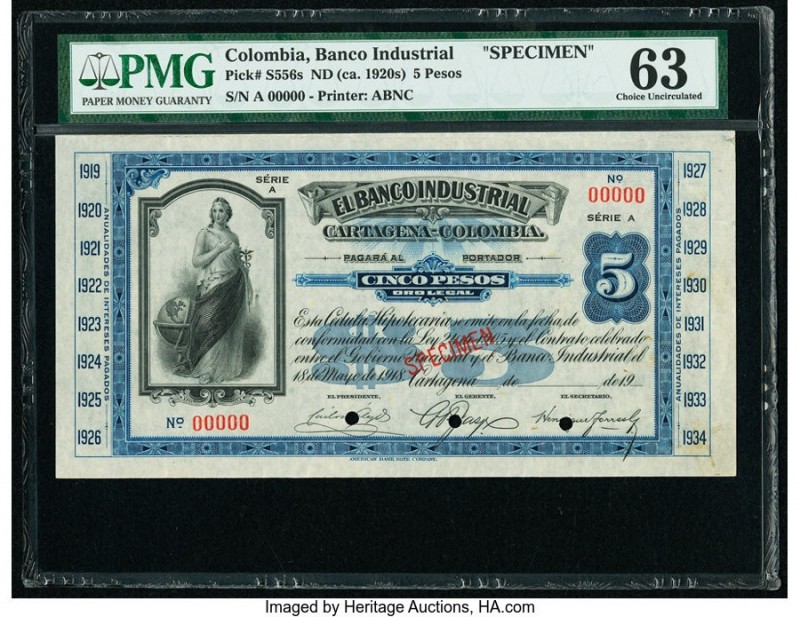 Colombia Banco Industrial 5 Pesos ND (ca. 1920s) Pick S556s Specimen PMG Choice ...