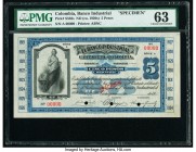 Colombia Banco Industrial 5 Pesos ND (ca. 1920s) Pick S556s Specimen PMG Choice Uncirculated 63. Punch hole cancelled with three punch holes. 

HID098...