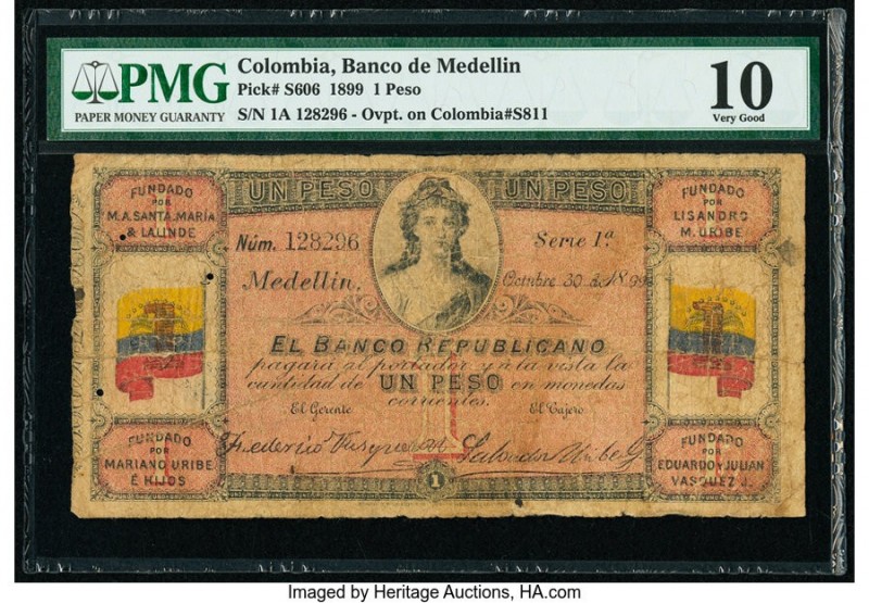 Colombia Banco de Medellin 1 Peso 30.10.1899 Pick S606 PMG Very Good 10. Split.
...