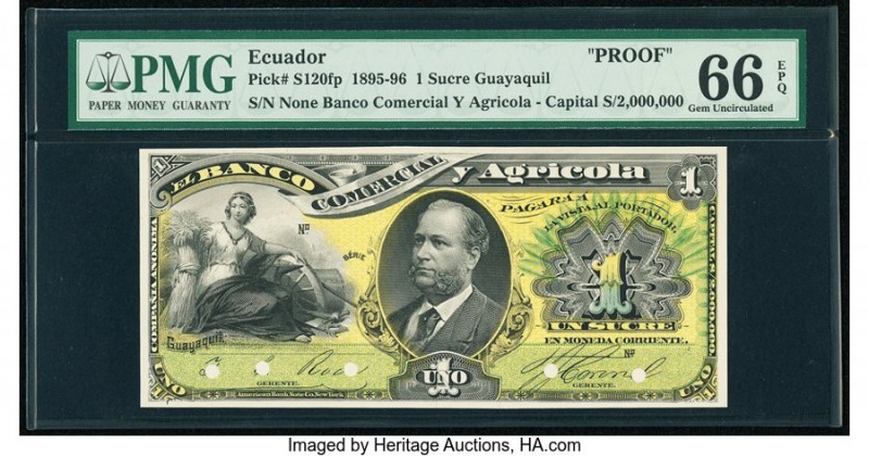 Ecuador Banco Comercial y Agricola 1 Sucre 1895-96 Pick S120fp Proof PMG Gem Unc...