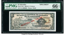 El Salvador Banco Central de Reserva de El Salvador 2 Colones 1962-64 Pick 101s Specimen PMG Gem Uncirculated 66 EPQ. Red MUESTRA SIN VALOR overprints...