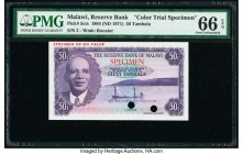 Malawi Reserve Bank of Malawi 50 Tambala 1964 (ND 1971) Pick 5cts Color Trial Specimen PMG Gem Uncirculated 66 EPQ. Two POCs; red Specimen overprints....