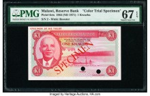 Malawi Reserve Bank of Malawi 1 Kwacha 1964 (ND 1971) Pick 6cts Color Trial Specimen PMG Superb Gem Unc 67 EPQ. Two POCs; red Specimen overprints.

HI...