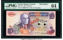 Tunisia Banque Centrale 10 Dinars 1973 Pick 72s Specimen PMG Choice Uncirculated 64. Annotation; two POCs; red Specimen & TDLR overprints.

HID0980124...