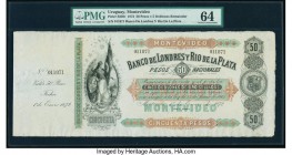 Uruguay Banco de Londres y Rio de la Plata 50 Pesos = 5 Doblones 1.1.1872 Pick S238r Remainder with Counterfoil PMG Choice Uncirculated 64. 

HID09801...