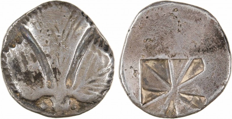 Sicile, Sélinonte, didrachme, 520-480 av. J.-C.
A/Anépigraphe
Feuille de persi...