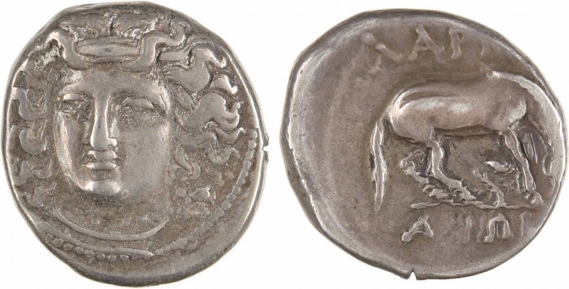 Thessalie, Larissa, drachme, c.356-342 av. J.-C.
A/Anépigraphe
Tête de la Nymp...