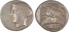 Paphlagonie, Sinope, drachme, c.410-350 av. J.-C.
A/Anépigraphe
Tête de la nymphe Sinope à gauche, les cheveux tenus dans un saccos ; le tout dans u...