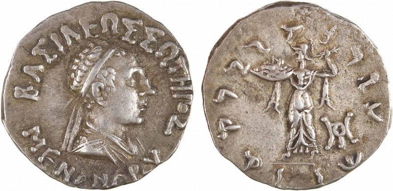 Bactriane (royaume de), Ménandre, drachme, c.160-145 av. J.-C.
A/BASILEWS SWTHR...