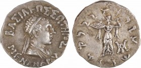 Bactriane (royaume de), Ménandre, drachme, c.160-145 av. J.-C.
A/BASILEWS SWTHROS MENANDROY
Buste diadémé et drapé à droite, vu de trois quarts en a...