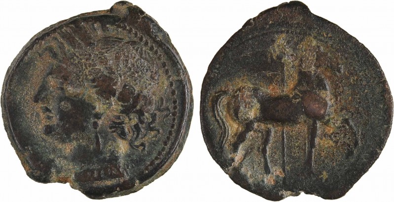 Zeugitane, Carthage, moyen bronze, IVe-IIIe s. av. J.-C.
A/Anépigraphe
Tête de...