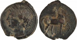 Zeugitane, Carthage, moyen bronze, IVe-IIIe s. av. J.-C.
A/Anépigraphe
Tête de Tanit à gauche, couronnée d'épis de blé
R/Anépigraphe
Cheval debout...
