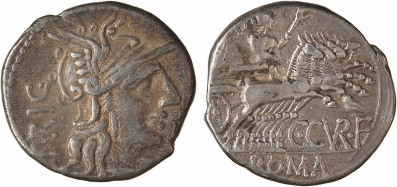 Curiatia, denier, Rome, 135 av. J.-C.
A/TRIG
Tête casquée de Roma à droite ; d...