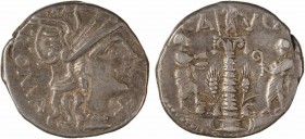 Minucia, C. Minucius Augurinus, denier, 135 av. J.-C.
A/ROMA / X
Tête casquée de Roma à droite
R/C A-VG
Colonne minucienne surmontée d'une statue ...