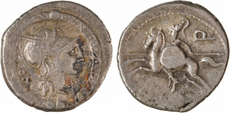 Manlia, denier, Rome, 113-112 av. J.-C.
A/ROMA
Tête casquée de Roma à droite ;...