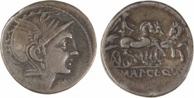 Mallia, denier, Rome, 111-110 av. J.-C.
A/Anépigraphe
Tête casquée de Roma à droite ; derrière, un cercle dans un carré
R/A l'exergue, T MAL AP CL ...
