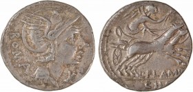 Flaminia, denier, Rome, c.109-108 av. J.-C.
A/ROMA
Tête casquée de Roma à droite ; devant, la lettre X
R/L FLAMINI/ CILO
La Victoire dans un bige ...