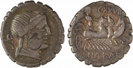 Naevia, denier serratus, Rome, 79 av. J.-C.
A/S C
Tête diadémée de Vénus à droite
R/A l'exergue, C NAE BALB
La Victoire dans un trige à droite ; a...