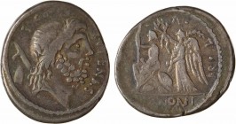 Nonia, denier, Rome, 59 av. J.-C.
A/[SVF]ENAS S C
Tête de Saturne à droite ; derrière, un harpon et une pierre conique
R/PR L V [P F/ SEX] NONI
Ro...