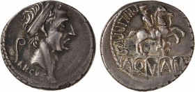 Marcia, denier, Rome, 56 av. J.-C.
A/ANCVS
Tête diadémée du roi Ancus Marcius à droite ; derrière, un lituus
R/PHILIPPVS/ A/ Q/ V/ A/ MAR
L'Aqua M...
