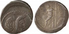 Vibia, denier, Rome, 48 av. J.-C.
A/PANSA
Masque du dieu Pan à droite ; derrière, un syrinx
R/C VIBIVS C F C N IOVIS AXVR
Jupiter Anxurus assis à ...