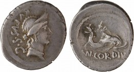 Cordia, denier, Rome, 46 av. J.-C.
A/RVFVS. S.C.
Tête diadémée de Vénus à droite
R/A l'exergue, MN CORDIVS
Cupidon assis sur un dauphin voguant à ...