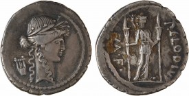 Claudia, denier, Rome, 42 av. J.-C.
A/Anépigraphe
Tête laurée d'Apollon à droite ; derrière, une lyre
R/P. CLODIVS/ M. F.
Diane Lucifère debout de...
