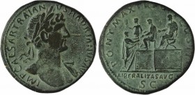 Hadrien, sesterce, Rome, 118
A/IMP CAESAR TRAIAN-VS HADRIANVS AVG
Buste nu, tête laurée, à droite, avec pan de draperie sur l'épaule gauche
R/PONT ...