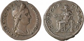 Sabine, denier, Rome, 129
A/SABINA AVGVSTA HADRIANI AVG P P
Buste diadémé et drapé à droite
R/CONCOR - DIA AVG
La Concorde assise à gauche, le bra...