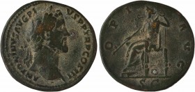 Antonin le Pieux, sesterce, Rome, 142
A/ANTONINVS AVG PI-VS P P TR P COS III
Tête laurée à droite
R/OPI AVG/ S C
Ops assise à gauche sur un trône,...