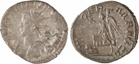 Gallien, antoninien, Lyon, 258-259
A/GALLIENVS P F AVG
Buste radié et cuirassé à gauche, tenant un bouclier et une haste pointée vers l'arrière, vu ...