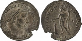 Maximien Hercule, follis, Lyon, 301-303
A/IMP MAXIMIANVS AVG
Buste lauré et cuirassé à droite, vu de trois quarts en avant
R/GENIO POP-VLI ROMANI/ ...