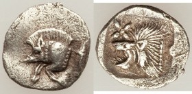 MYSIA. Cyzicus. Ca. 5th century BC. AR hemiobol (10mm, 0.38 gm, 7h). XF. Forepart of boar left, tunny upward behind / Head of lion left; star in upper...
