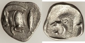 MYSIA. Cyzicus. Ca. 5th century BC. AR obol(?) (11mm, 0.86 gm, 3h). XF. Forepart of boar left, tunny upward behind / Head of roaring lion left within ...