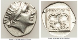 CARIAN ISLANDS. Rhodes. Ca. 88-84 BC. AR drachm (15mm, 2.21 gm, 12h). XF. Plinthophoric standard, Nicephorus, magistrate. Radiate head of Helios right...