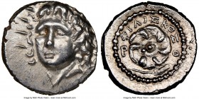 CARIAN ISLANDS. Rhodes. Ca. 84-30 BC. AR drachm (17mm, 4.17 gm, 6h). NGC MS 5/5 - 4/5. Philiscus, magistrate. Radiate head of Helios facing, turned sl...